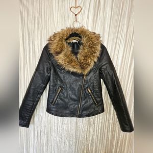 Leather Jacket with Removable Fur Collar- Women's Size S